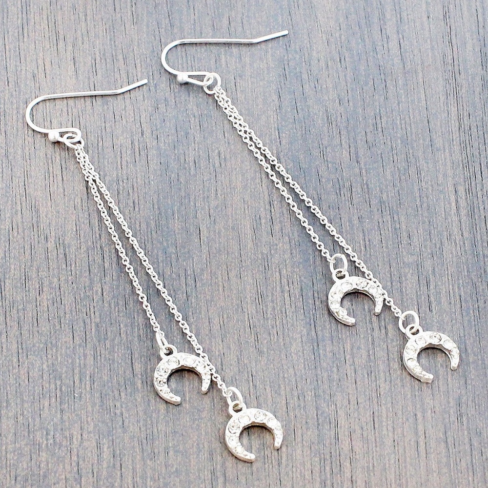 Sliver Crystal Double Horn Earrings